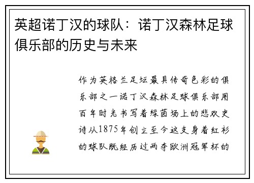 英超诺丁汉的球队：诺丁汉森林足球俱乐部的历史与未来